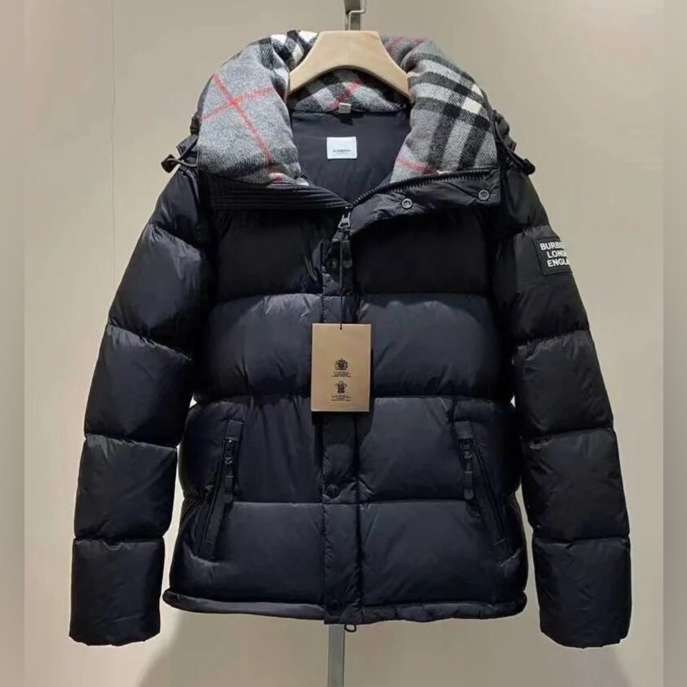 Burberry Black Men Puffer Jacket with Plaid Hood Lining